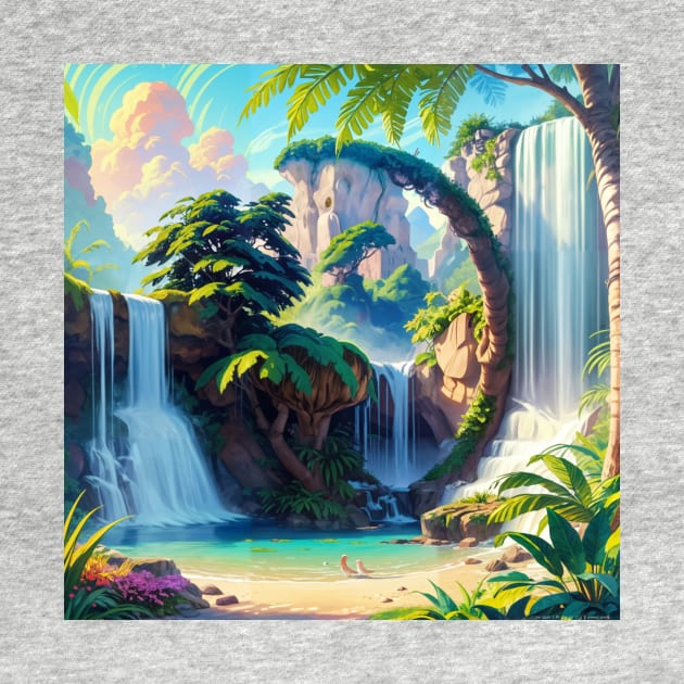 Verdant Jungle Waterfall Illustration with a Hidden Cat Outline by ravel.live